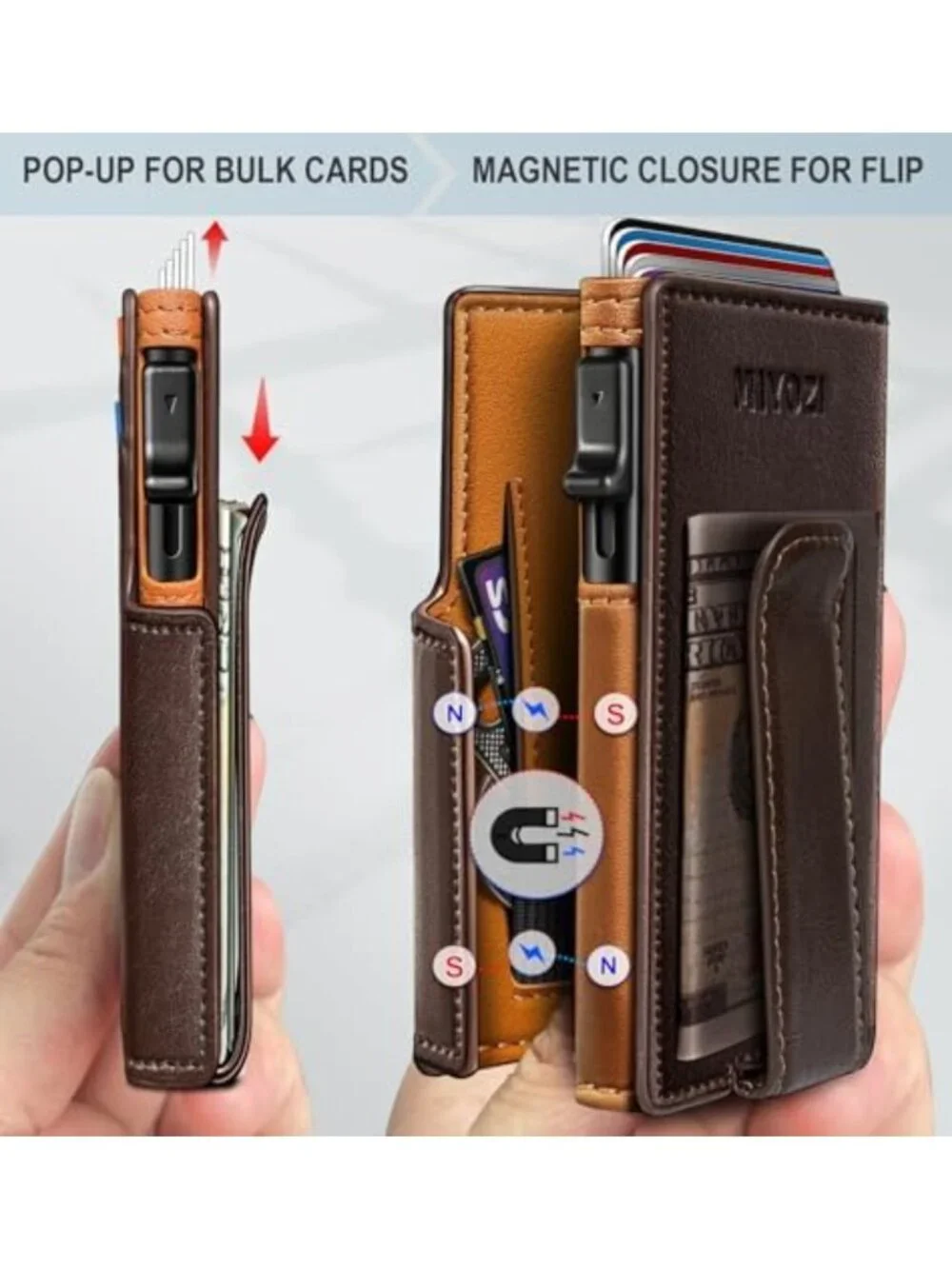 Slim Magnetic Wallet for Men, RFID Blocking Card Holder, Leather Money Clip & ID